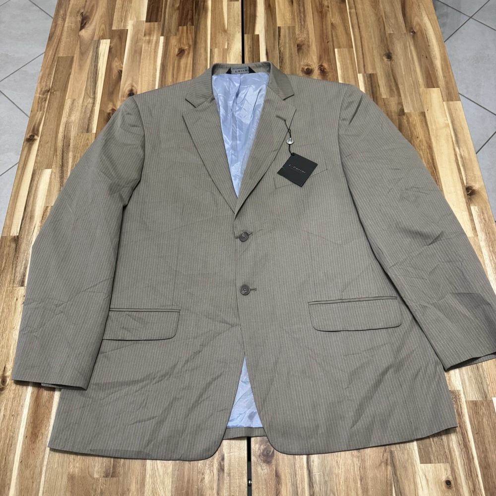 J Ferrar Blazer Mens 46R Tan Pinstripe Sport Coat Jacket Blue Lining 2 Pock NWT